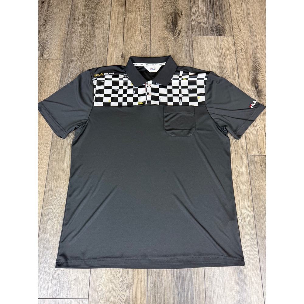 Fila Italia Racing Checkered Flag Polo Shirt Black Large Sportswear Golf Classic